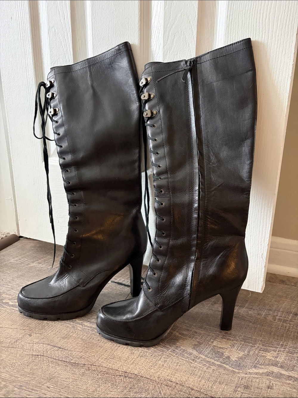 Ralph Lauren Black Lace-Up High Heel Knee Boots
